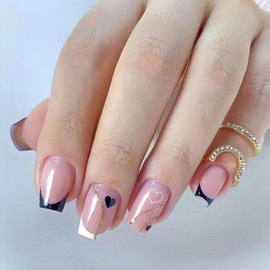 BFY Valentines Day Press on Nails Short Square Fake Nails, White Black French Heart Gold Glitter Lines Acrylic Nails Set Stick Glue on Nails, Glossy False Nails Nail Accessories Decorations 24 Pcs