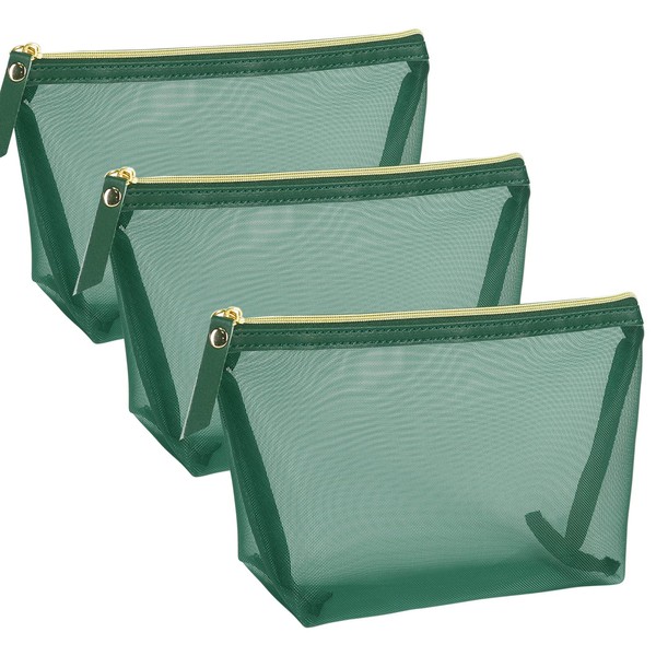 GINOYA 3pcs Mesh Cosmetic Bags, Nylon Makeup Pouches with Leather Pull and Golden Zipper for Purse Diaper Bag (Emerald Green)
