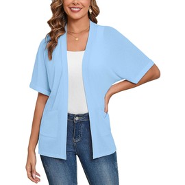 Heymoments Cardigan for Women Light Blue Large Draped Open-Front Short Sleeve Lightweight Casual Soft Drape Summer Kimonos Cardigans with Pockets