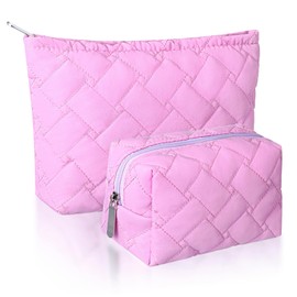 Huhumy 2 Pieces Quilted Makeup Bag Cosmetic Bag Preppy Travel Makeup Bag Toiletry Bag for Women Cute Puffer Makeup Pouch for Purse Zipper Makeup Bag Organizer Small Portable Skincare Bag(Rose Pink)