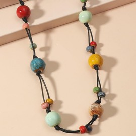 Q&D&S Handcrafted Boho Colorful Ceramic Round Beads Strand Necklace, Vintage Bohemian Fashion Statement Adjustable Jewelry Gift for Women (Style B)