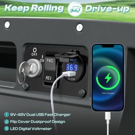 Drive-up Golf Cart Key Switch Console Plate, EZGO Forward Reverse Switch Plate Fits EZGO TXT, Medalist, PDS Golf Carts, Equipped with DC 9V-48V 3.1A Fast Charge Dual USB Charger, LED Digital Voltmeter