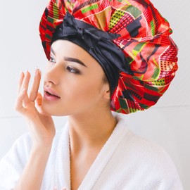 DONNA - Gorro de satén para dormir, tamaño grande, extragrande, ajustable, 1 diadema de satén alrededor de la línea del cabello y la zona de la nuca, accesorios para el cabello, gorro de ducha, patrón Ankara, multicolor