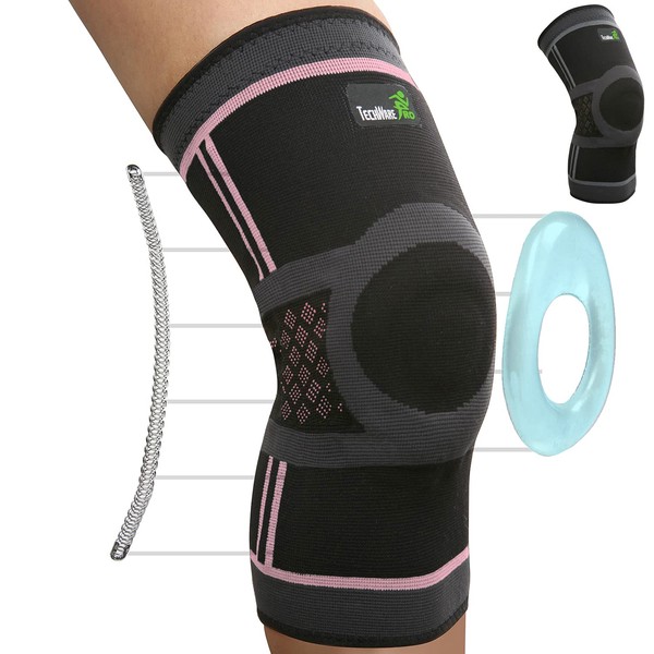 TechWare Pro Knee Compression Sleeve - Knee Brace for Men & Women with Side Stabilizers & Patella Gel Pads for Knee Support. Meniscus Tear, Arthritis, Joint Pain Relief. (Black/Pink-Small)