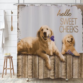 Laifzere Funny Dog Shower Curtain Farmhouse Western Rustic Shower Curtain for Bathroom Set Wooden Fun Farm Retro Animal Hello Sweet Cheeks Fabric Shower Curtain for Bathtub 72x72 Inch with Hooks