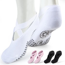 Balcony Bazaar Pilates Grip Socks with Straps for Women, 3 Pairs of Non-Slip Grip Socks, Yoga Barre Athletic Socks