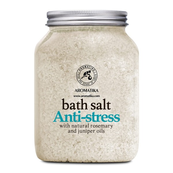 De-Stress Bath Salt 46 Oz - 100% Natural & Pure Salt Essential Oils Rosemary & Juniper - Best for Good Sleep - Relaxing - Calming - Body Care - Beauty - Aromatherapy - Stress Relief