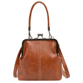 Women's Kiss Lock Crossbody Bag Small PU Leather Shoulder Purse Top Handle Phone Wallet Bag Tote Satchel Handbag, Brown, Medium