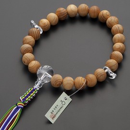 Buddhist Altanya Takita Shoten Shinto Prayer Beads for Men; Cypress (Hinoki), Phoenix Carved Book Crystal, 23 Balls, Pure Silk String Tassel with Prayer Bag