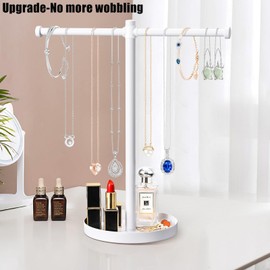 bodkar Jewelry Necklace Organizer Stand,12.9" Tall Sturdy Metal Jewelry Stand with Round Tray for Bracelet Bangles Holder Display,Long Necklace Organizer Holder (white)