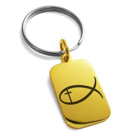 Tioneer Gold Plated Stainless Steel Fish with Jesus Ichthus Cross Small Rectangle Dog Tag Charm Keychain Keyring