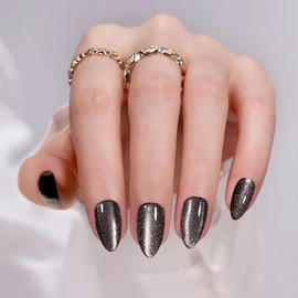 NICENEEDED 24Pcs Cat Eye Press on Nails, Almond Short False Nails Black Glitter Fake Nails Reusable Artificial Nails, Full Cover Acrylic Nail for Women DIY Manicure Nail Art