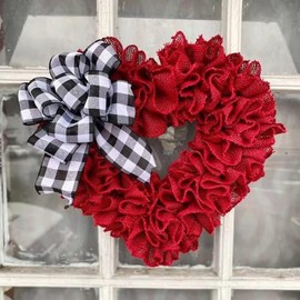 Valentines Day Wreath for Front Door, Valentines Day Heart Shaped Wreath with Buffalo Plaid Bows, Handmade Farmhouse Wall Decorations Valentine's Day Decor Party Supplies