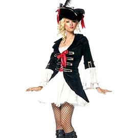 Forever Young Lady Captain Pirate Fancy Dress Costume + Hat,Black & White,UK Size 16 (XXL)