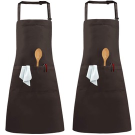 Auranso 2 Pack Aprons, Adjustable Neck Chef Apron with 2 Pockets Kitchen Cooking Apron for Women Men Home Baking Gardening BBQ Craft Restaurant Deep Brown