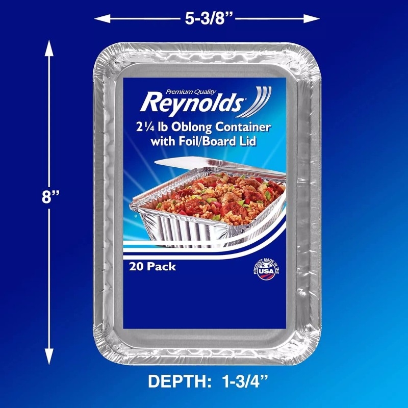 Reynolds To-Go Aluminum Pans with Lids, 8x5.375x1.75 Inch, 20 Count