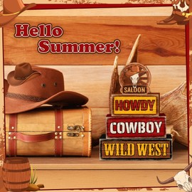 Britimes 4 Pcs Western Cowboy Tiered Tray Decorations Set Saloon Stack Block Signs Skull Hat Wild West Rustic Tabletop Decor for Table & Home Office (Western Cowboy)