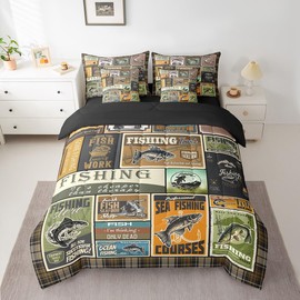 Feelyou Fish Comforter Set with Sheets Queen Size 7 Piece Vintage Fish Stamp Pattern Bedding Set for Boys Girls Children Fishing and Hunting Bed in a Bag Brown Green Bed Set Room Decor
