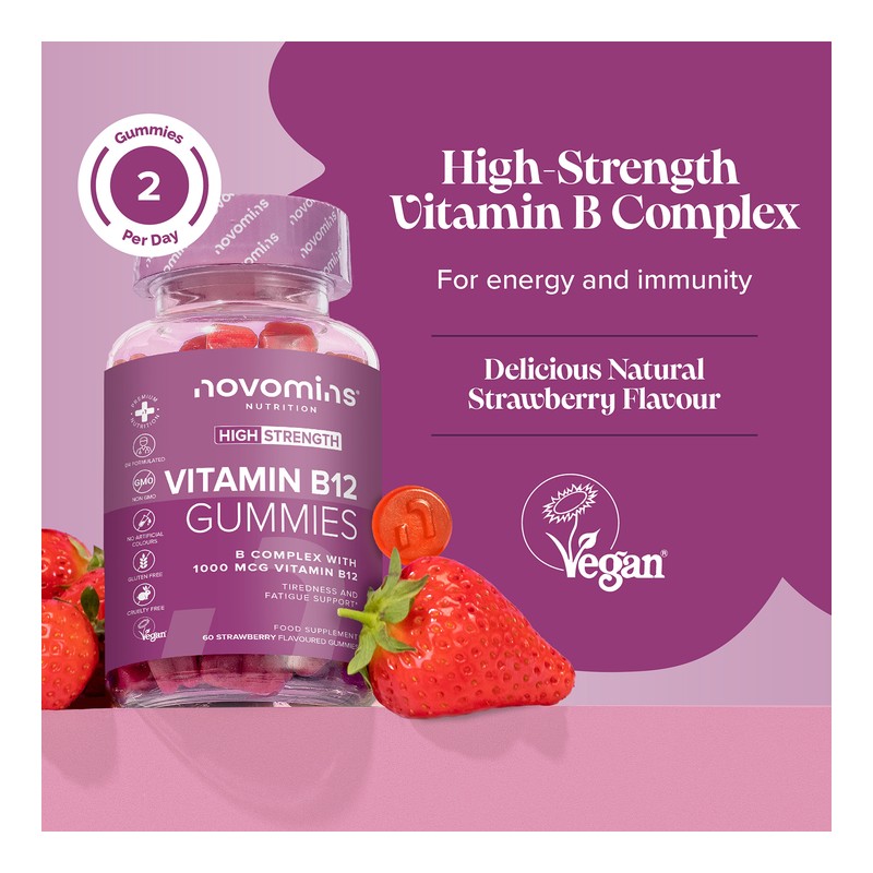 Novomins B12 Strawberry Flavour Vitamins 60 Gummies 30 Days Supply