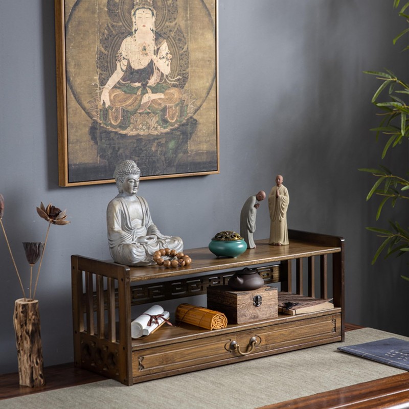ILWorkTLs Low 3-Tier Meditation Table with Drawer,Bamboo Altar Tables,Puja Desks,Tatami