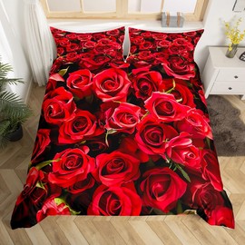 Feelyou 3D Rose Bedding Set Rose Floral Print Comforter Cover for Kids Adult Romantic Flowers Pattern Duvet Cover Bedspread Cover Room Decor Red 3Pcs with 2 Pillow Case King Size