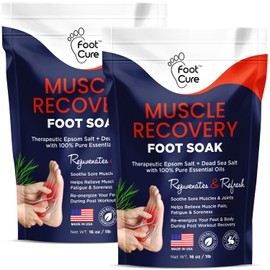 FOOT CURE Muscle Relief Foot Soak with Epsom Salts - All Natural Salts for Post Workout Recovery - Softens Calluses - Soothes Sore & Tired Feet, Foot Odor Scent, Spa Pedicure Made in USA - 16oz (Pack of 2)