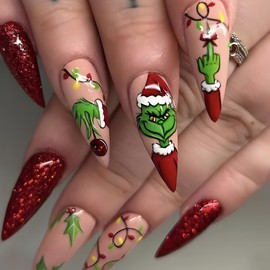 Christmas Press on Nails Long Stiletto Fake Nails Grinch Red Glitter Acrylic Nails with Cartoon Green Haired Monster Designs Stick on Nails Winter Xmas False Nails for Women Girls Holiday Manicure