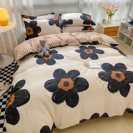 CLOTHKNOW Black Sunflower Full Size Comforter Set 3Pcs Floral Bedding Comforter Sets Pumpkin Grid Comforter Full Botanical Black and Beige Comforter Sets Full