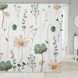 Watercolor Floral Shower Curtain 72" W X 78" L, Sage Green Beige Flower Bathroom Shower Curtain Sets, Modern Minimalist White Fabric Shower Curtain Pastoral Branches Aesthetic Bathroom Accessories