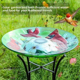 DREAM GARDEN Bird Bath for Outside, Glass Solar Birdbath with Foldable Metal Stand for Garden Yard Patio Lawn Decor, 20 Inch Height, Cardinal
