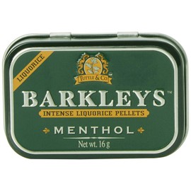 Barkleys Menthol Intense Liquorice Pellets. Pure Liquorice and Menthol 12 Mini Cans x 16 gr. Without Milk derivatives, Gluten, Eggs, Soy, Animal substances. Suitable for Vegetarians and Vegans
