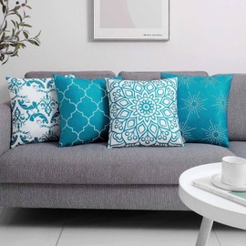 Set of 4 Luxton Aqua Blue Cushion Covers Hamptons Home Decor Square Cushion Covers 45x45cm for Sofa Couch Living Bed Decoration (Aqua Blue)