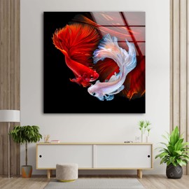 Myphotostation Fish Wall Art Tempered Glass Wall Art 20x20'' Aquarium Wall Art Modern Decor Glass Printing Large Wall Art Tempered Glass Panel Japanese Red Fish Koi Fish Wall Art