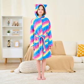 Ceruwum Cat Ears Dressing Gown for Girls - Soft Hooded Robe Sleepwear Kids (Rainbow, 10-11 Years)
