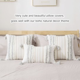 decorUhome Boho Light Grey Cushion Covers 30x50cm Set of 2, Decorative Tufted Tassel Woven Pillow Case for Sofa Couch 12x20 Inch