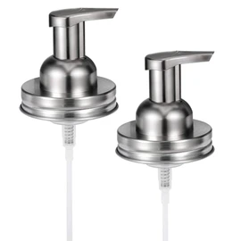 Amolliar Mason Jar Foaming Soap Dispenser Pump Lids, Rustproof Stainless Steel Lid Plastic Pump for Regular Mouth Mason Jar, Kitchen Bathroom Farmhouse Decor, Waterproof Stickers, Brushed Nickel 2Pack