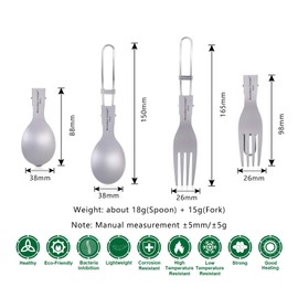 iBasingo Ti1024T Camping Cutlery Set Titanium Folding Spoon Fork Soup Rice Spoon Outdoor Travel Portable Tableware Small Lightweight Flatware Business Trip Picnic Hiking Fishing Tableware with Bag