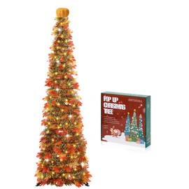 5 FT Pop Up Fall Tree with Timer Lights & Pumpkin, Collapsible Maple Leaves Tinsel Thanksgiving Tree for Home Office Apartment Porch Autumn Christmas Holiday Decoration
