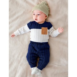 Baby Boy Clothes 0-3 Months Infant Boy Clothes 3 Month Baby Outfits Boys Knitted Baby's Boys' Clothing Sets Romper+ Pants 2pcs Outfit Navy Blue White