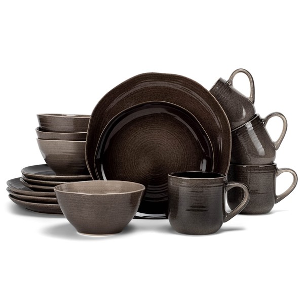 Elanze Designs 16-Piece Reactive Glaze Ceramic Stoneware Dinnerware - Service for 4, Mocha Grey Ombre