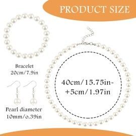 Pearl Necklace and Earring Set White Pearl Jewelry Set for Women Fashion Classic Faux Pearl Necklaces For Women Brides Wedding Pearl Necklace Kit (8mm Necklace+10mm Earring Bracelet)