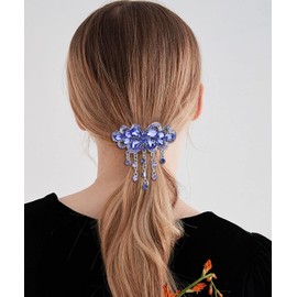 2 Pcs Butterfly Flower Tassel Hair Barrettes Large Rhinestone Hair Clip Vintage Crystal Sparkly Hair Clasps Glitter Hairpin Bow Hair Accessories for Women (Purple+Blue, One Size)