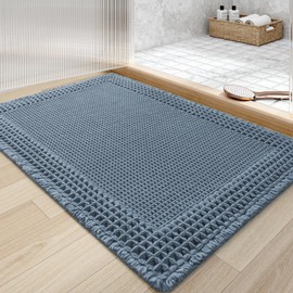 tchdio Waffle Bath Mat - Super Absorbent Bathroom Rugs Non Slip Washable, Quick Dry Bathroom Mat with Tassels, Boho Bath Mat Ultra Soft Bath Rugs for Bathroom Floor, 17"x24" Blue