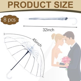 Kvittra 8 Pack Clear Wedding Umbrellas, 36" Large Style Stick Umbrella – Large Windproof Bubble Umbrellas Rain Umbrellas with J Hook Handle for Bride Groom Gift Photo Prop Weddings Travel