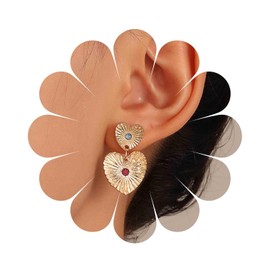 Cimenexe Bohemian Heart Earrings Gold Textured Heart Earrings Double Heart Earrings Colourful Crystal Heart Stud Earrings Jewellery for Women and Girls Gifts, Zinc, No Gemstone