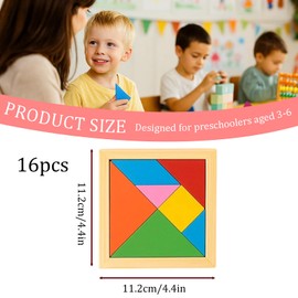 Tangram Geduldsspiel Kinder, 16 Stück Tangram Puzzle Set für Kinder, Montessori Lernspielzeug, Reisespiel und Kindergeburtstag Mitgebsel, 11.2 x 11.2 cm