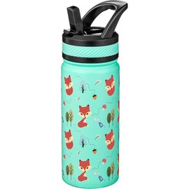 Fanhaw 18 Oz Kids Insulated Water Bottle with Straw - Stainless Steel Double Wall Vacuum Cup, Leakproof, BPA Free, Suitable for Boys and Girls(Green - Little Fox)