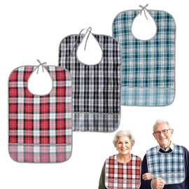 Asitanie Pack of 3 bibs for adults, clothing protection for adults, seniors bibs, checked pattern, lacing design, easy to wear, suitable for men, women, the elderly and the disabled, red