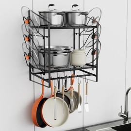 VyGrow 17 Inch Pot Rack Wall Mounted, 2 Tier Pots and Pans Organizer with 10 Hooks and 6 Pot Lid Holders, Heavy Duty Steel Pot and Pan Hanger for Kitchen Cookware Utensils Storage 24" Lx13 Wx20.5 H