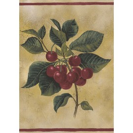Apple Pear Cherry Peach on Vines Cracked Olive Green Wallpaper Border Retro Design, Roll 15' x 7''